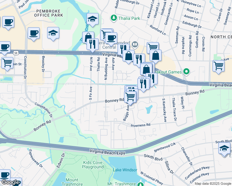 map of restaurants, bars, coffee shops, grocery stores, and more near 4142 Bonney Road in Virginia Beach