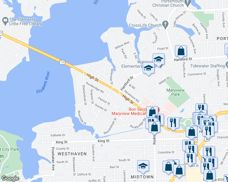 map of restaurants, bars, coffee shops, grocery stores, and more near 3751 High Street in Portsmouth