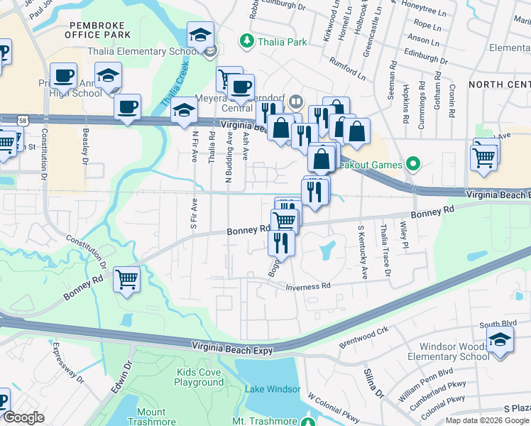 map of restaurants, bars, coffee shops, grocery stores, and more near 4136 Bonney Road in Virginia Beach