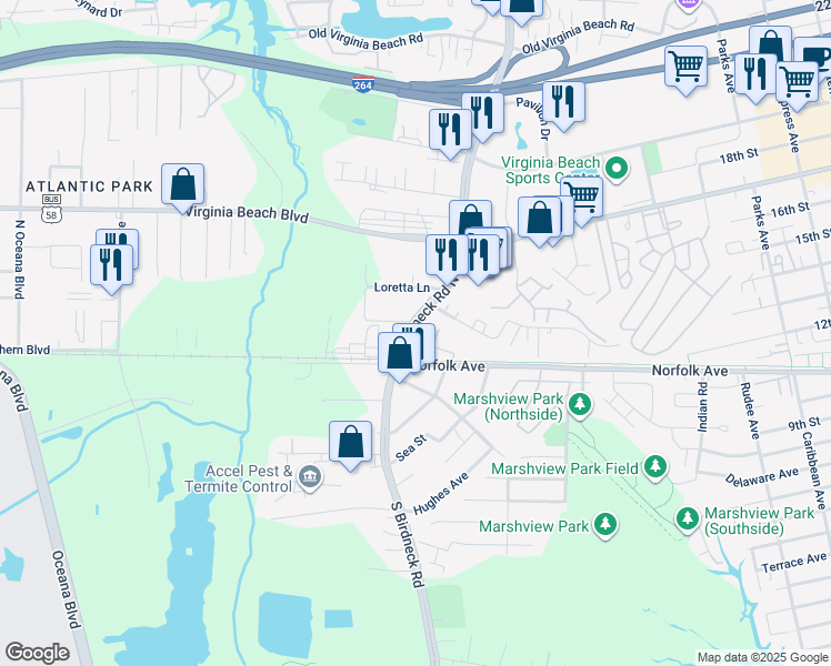 map of restaurants, bars, coffee shops, grocery stores, and more near 1098 Kenya Lane in Virginia Beach