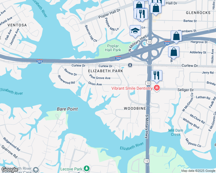 map of restaurants, bars, coffee shops, grocery stores, and more near 5441 Orion Avenue in Norfolk