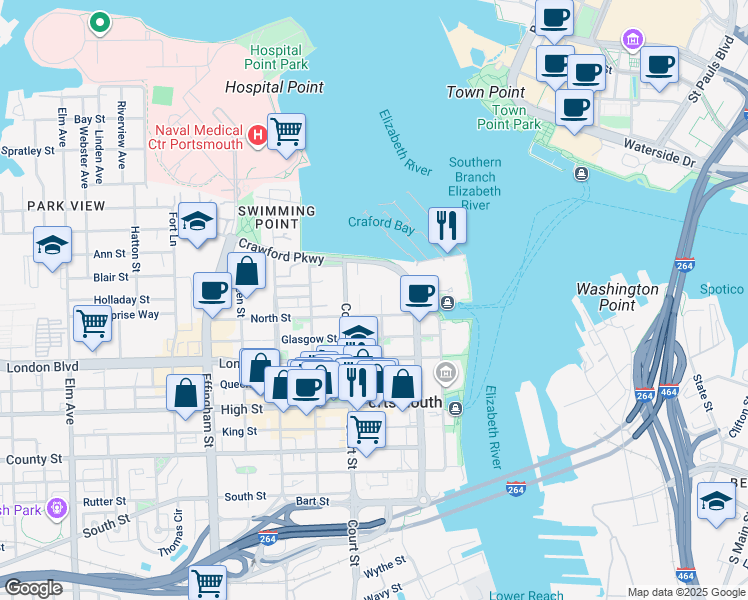 map of restaurants, bars, coffee shops, grocery stores, and more near 330 Middle Street in Portsmouth