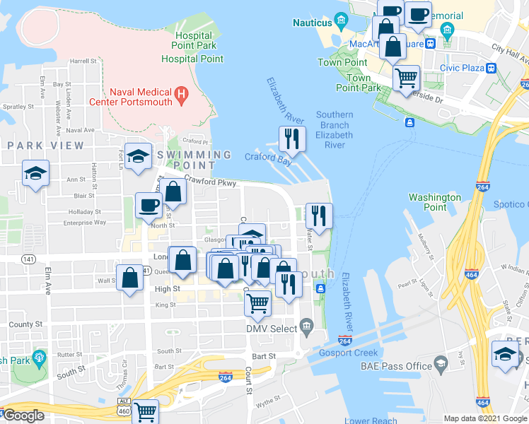 map of restaurants, bars, coffee shops, grocery stores, and more near 330 Middle Street in Portsmouth