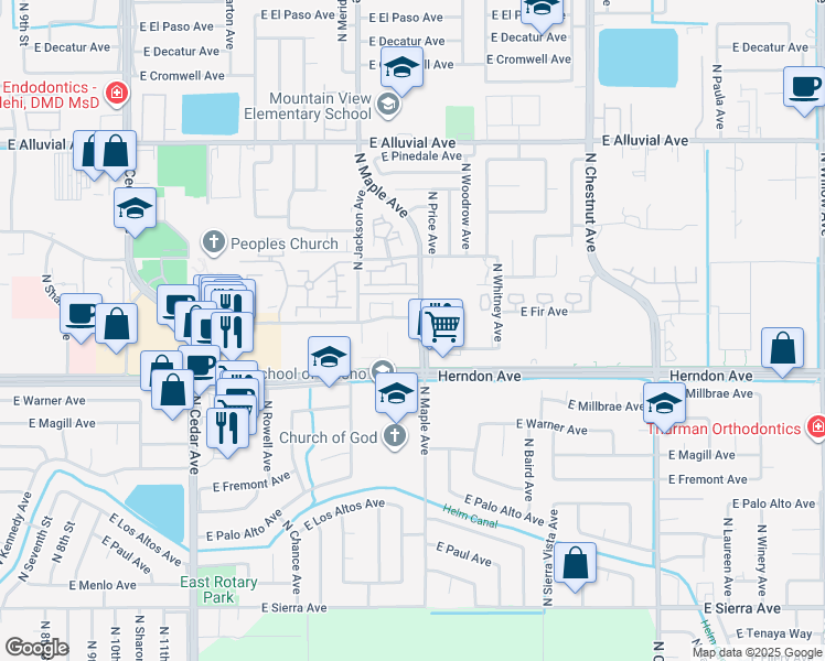 map of restaurants, bars, coffee shops, grocery stores, and more near 7078 North Maple Avenue in Fresno