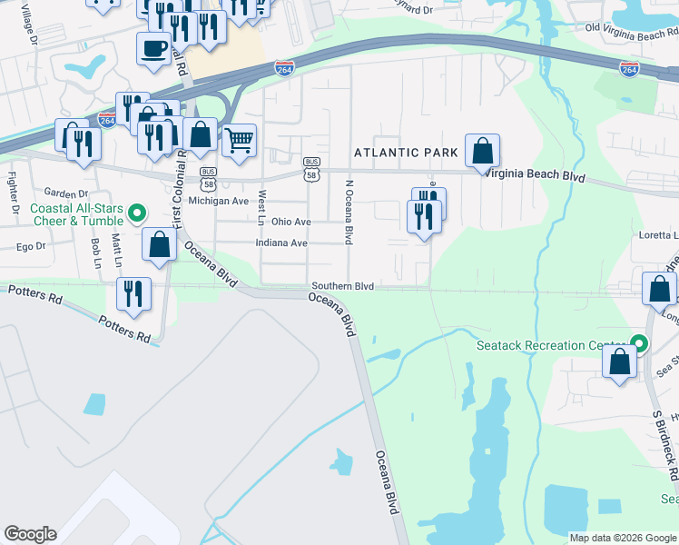map of restaurants, bars, coffee shops, grocery stores, and more near 1510 Southern Boulevard in Virginia Beach