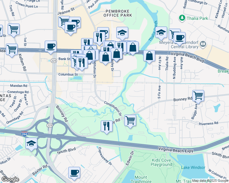 map of restaurants, bars, coffee shops, grocery stores, and more near 4422 Segovia Court in Virginia Beach