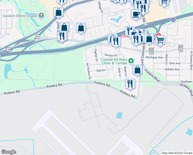 map of restaurants, bars, coffee shops, grocery stores, and more near 1847 South Streamline Drive in Virginia Beach