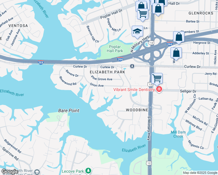 map of restaurants, bars, coffee shops, grocery stores, and more near 5441 Orion Avenue in Norfolk
