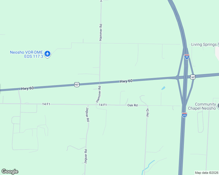 map of restaurants, bars, coffee shops, grocery stores, and more near 15875 Hammer Road in Neosho