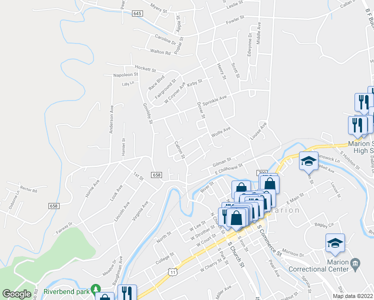 map of restaurants, bars, coffee shops, grocery stores, and more near 110 Wolfe Avenue in Marion