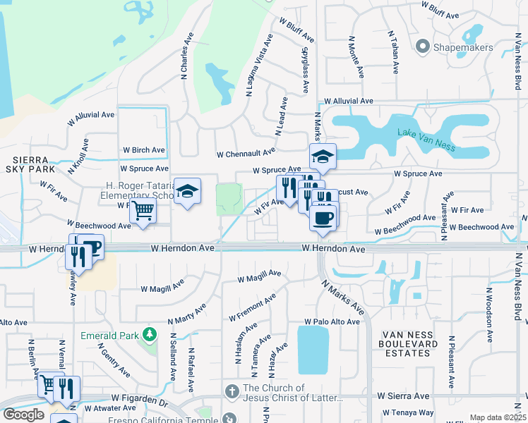 map of restaurants, bars, coffee shops, grocery stores, and more near 3286 West Illumination Drive in Fresno