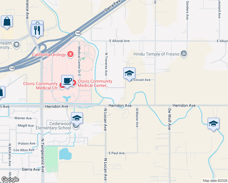 map of restaurants, bars, coffee shops, grocery stores, and more near 7177 East Fir Avenue in Clovis