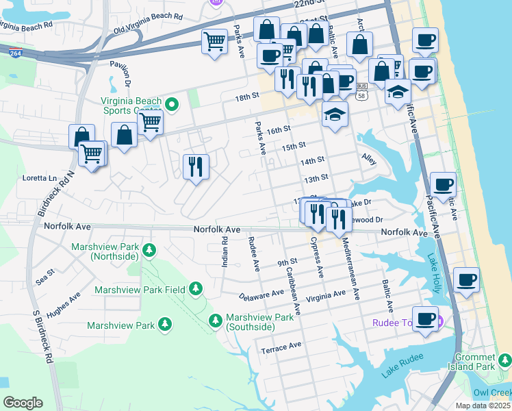 map of restaurants, bars, coffee shops, grocery stores, and more near 848 12th Street in Virginia Beach