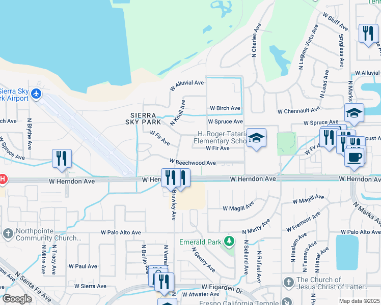 map of restaurants, bars, coffee shops, grocery stores, and more near 3729 West Fir Avenue in Fresno