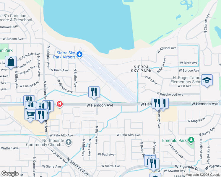 map of restaurants, bars, coffee shops, grocery stores, and more near 7081 North Doolittle Drive in Fresno
