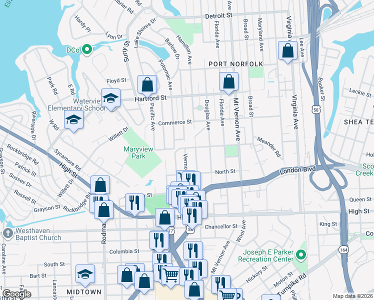 map of restaurants, bars, coffee shops, grocery stores, and more near 933 Potomac Avenue in Portsmouth