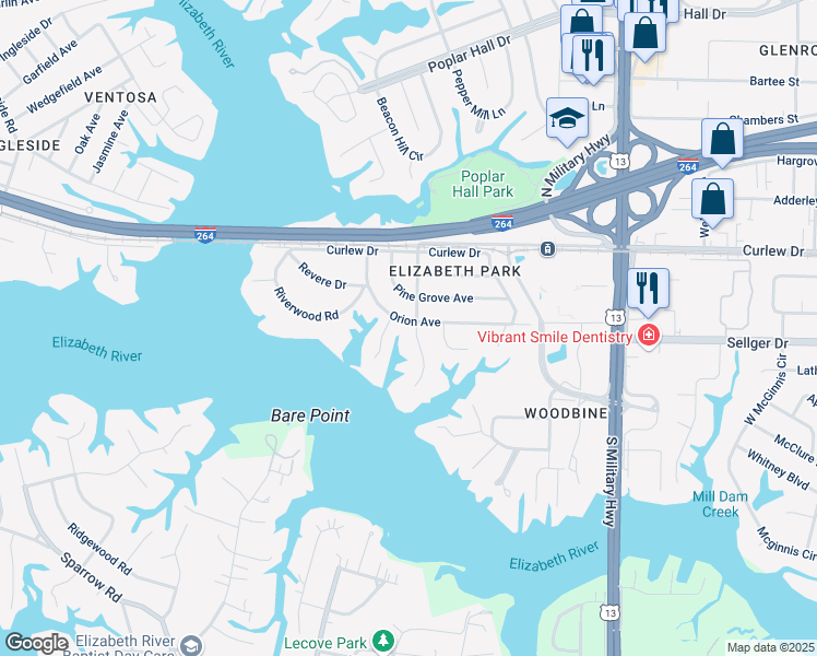 map of restaurants, bars, coffee shops, grocery stores, and more near 5345 Orion Avenue in Norfolk