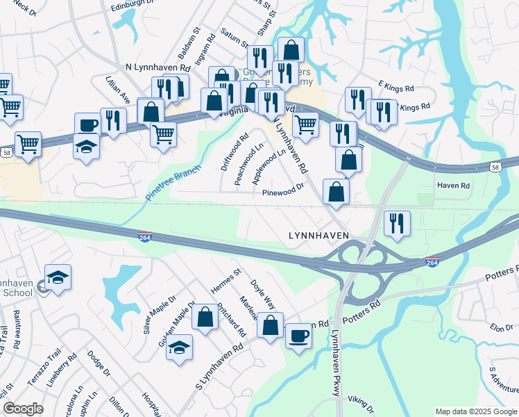 map of restaurants, bars, coffee shops, grocery stores, and more near 117 Landmark Square in Virginia Beach