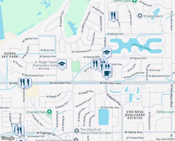 map of restaurants, bars, coffee shops, grocery stores, and more near 3286 West Illumination Drive in Fresno