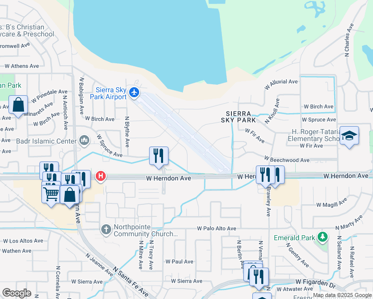 map of restaurants, bars, coffee shops, grocery stores, and more near 7081 North Doolittle Drive in Fresno
