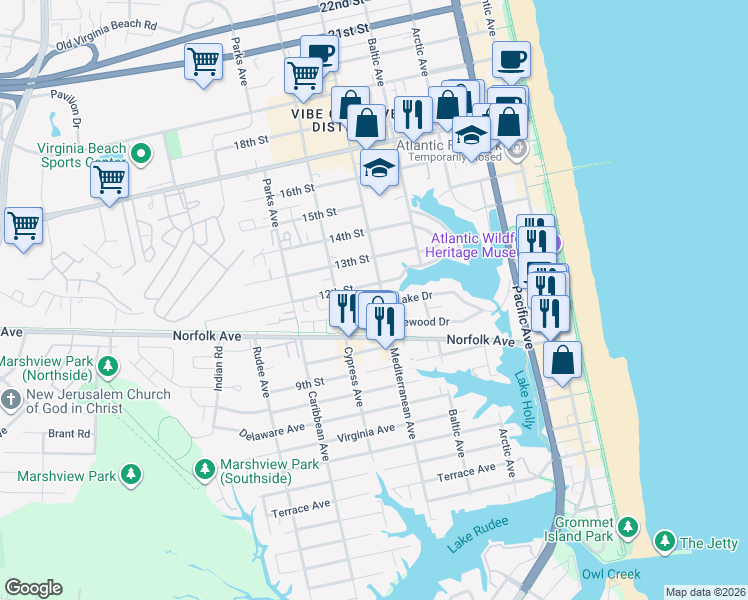 map of restaurants, bars, coffee shops, grocery stores, and more near 1001 Mediterranean Avenue in Virginia Beach