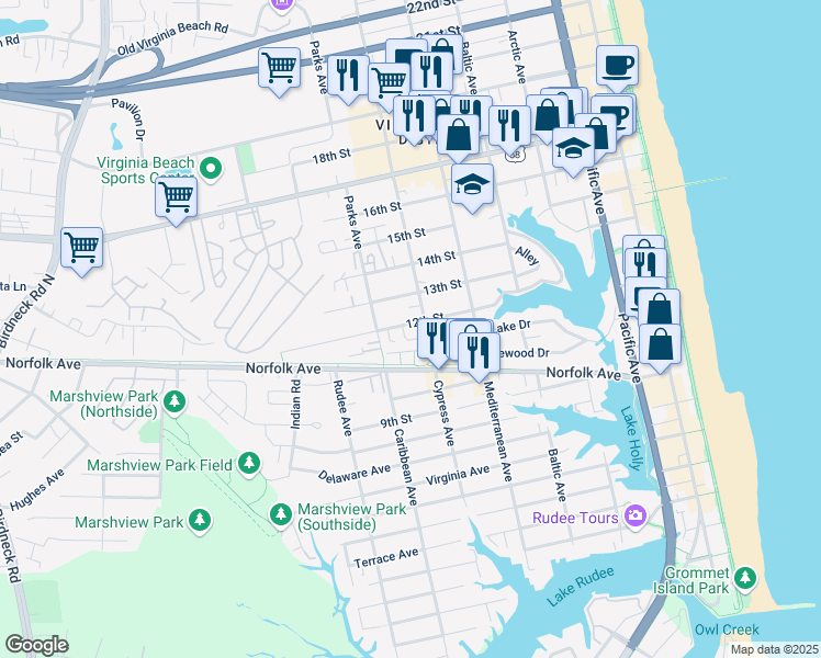 map of restaurants, bars, coffee shops, grocery stores, and more near 721 Sea Oaks Court in Virginia Beach