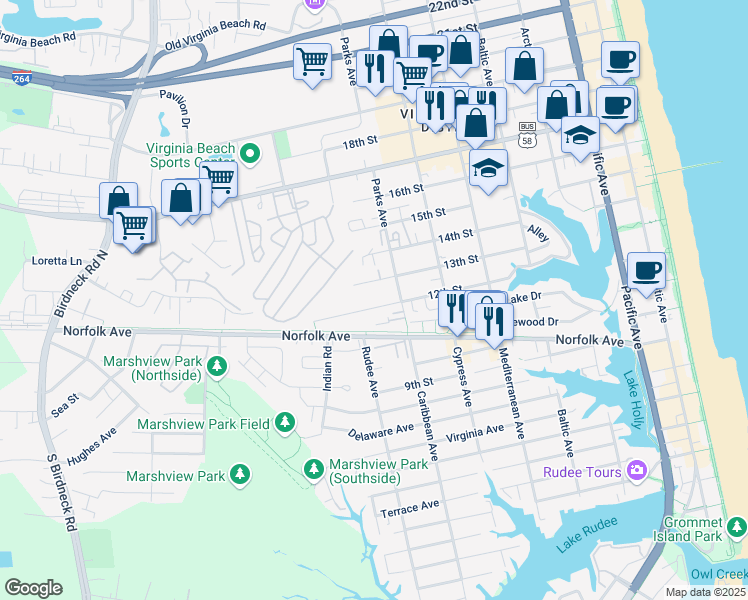map of restaurants, bars, coffee shops, grocery stores, and more near 848 12th Street in Virginia Beach