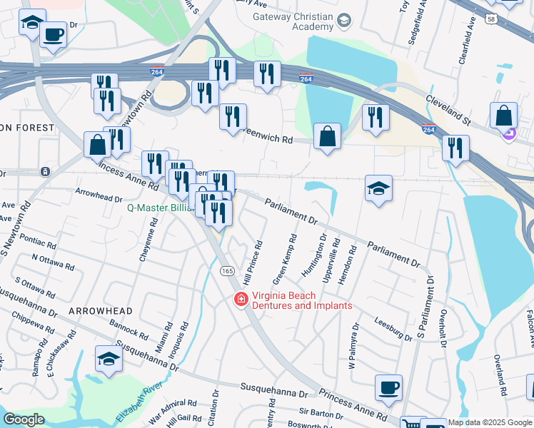 map of restaurants, bars, coffee shops, grocery stores, and more near 5517 Nashua Road in Virginia Beach