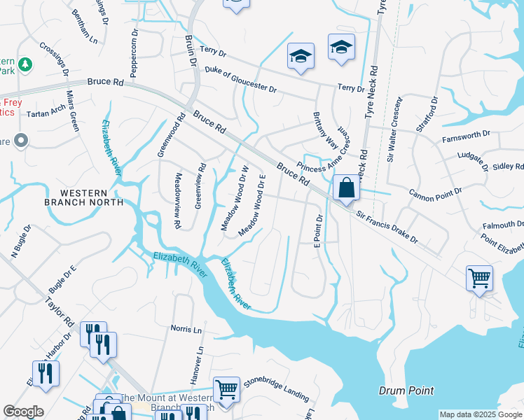 map of restaurants, bars, coffee shops, grocery stores, and more near 2860 Meadow Wood Drive East in Chesapeake