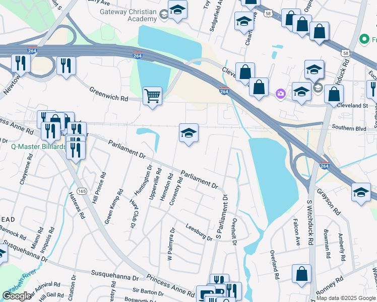 map of restaurants, bars, coffee shops, grocery stores, and more near 5400 Parliament Drive in Virginia Beach