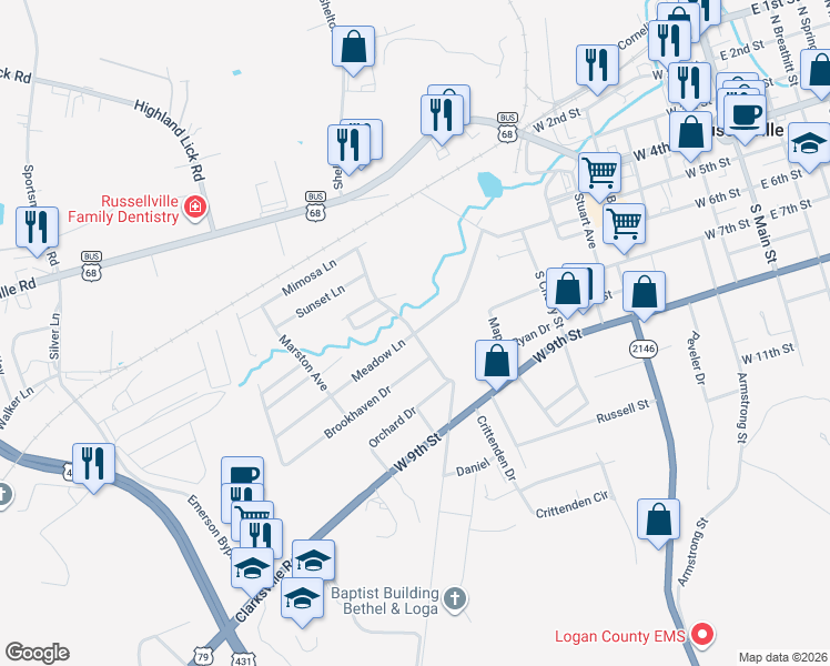map of restaurants, bars, coffee shops, grocery stores, and more near Blue Grass Avenue in Russellville