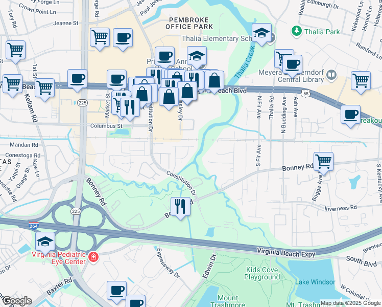 map of restaurants, bars, coffee shops, grocery stores, and more near 106 Seaside Lane in Virginia Beach