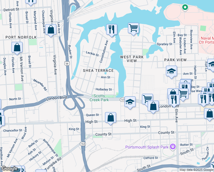 map of restaurants, bars, coffee shops, grocery stores, and more near 1923 Holladay Street in Portsmouth