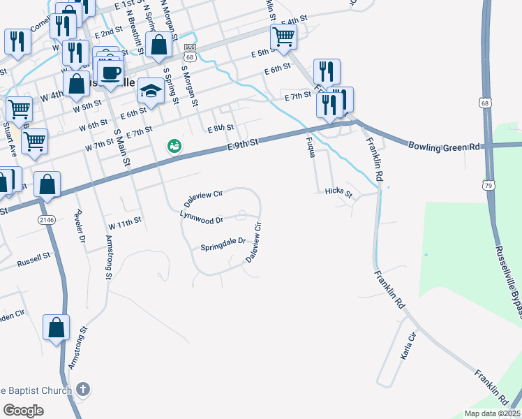 map of restaurants, bars, coffee shops, grocery stores, and more near 142 Daleview in Russellville