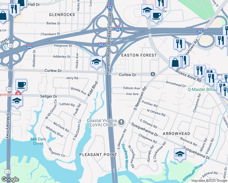map of restaurants, bars, coffee shops, grocery stores, and more near 6055 Ivor Avenue in Norfolk