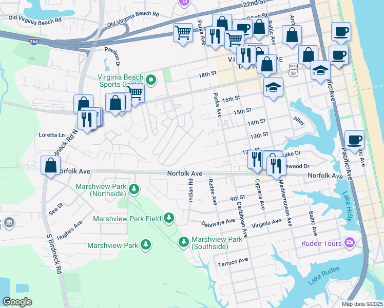 map of restaurants, bars, coffee shops, grocery stores, and more near in Virginia Beach