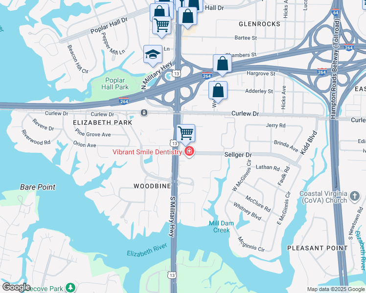 map of restaurants, bars, coffee shops, grocery stores, and more near 160 South Military Highway in Norfolk