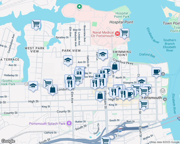 map of restaurants, bars, coffee shops, grocery stores, and more near 319 Hatton Street in Portsmouth