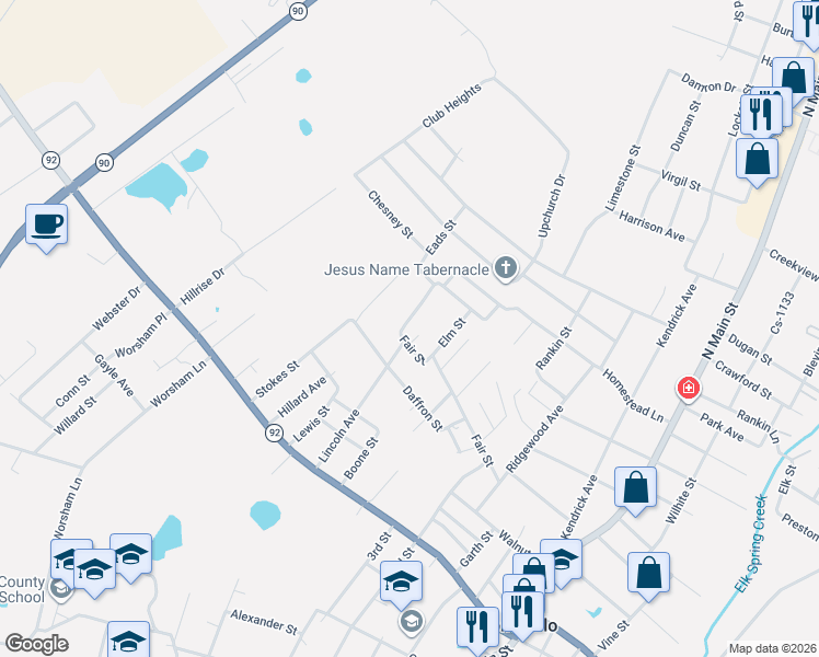 map of restaurants, bars, coffee shops, grocery stores, and more near 400-404 Lincoln Avenue in Monticello