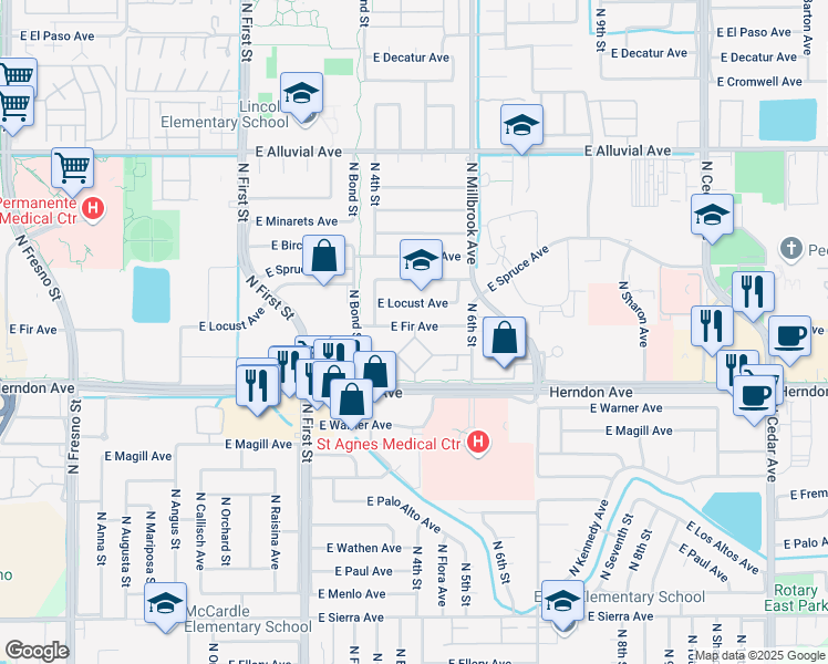 map of restaurants, bars, coffee shops, grocery stores, and more near 1150 East Herndon Avenue in Fresno