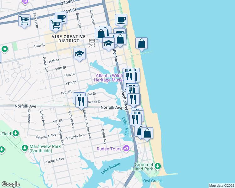 map of restaurants, bars, coffee shops, grocery stores, and more near 239 Lake Drive in Virginia Beach