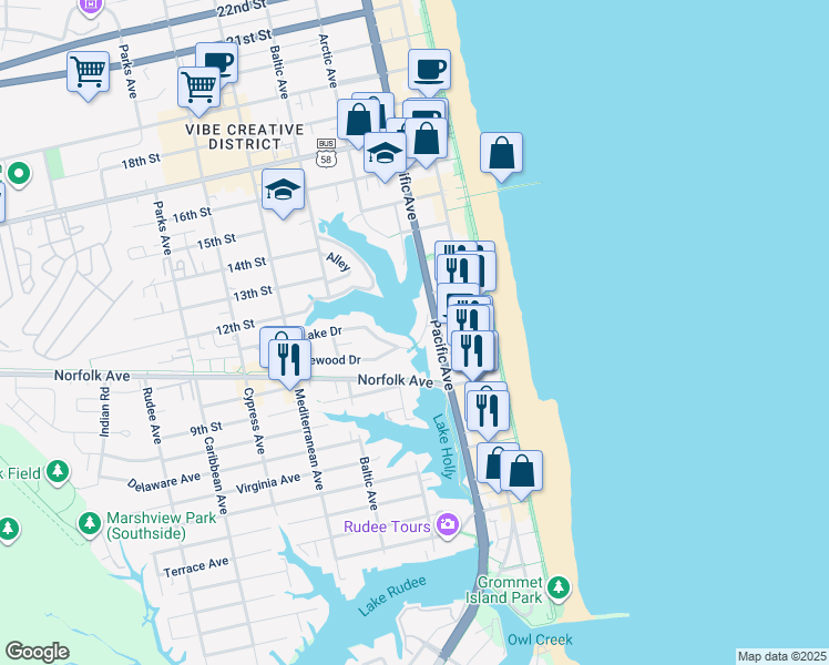 map of restaurants, bars, coffee shops, grocery stores, and more near 231 Lake Drive in Virginia Beach