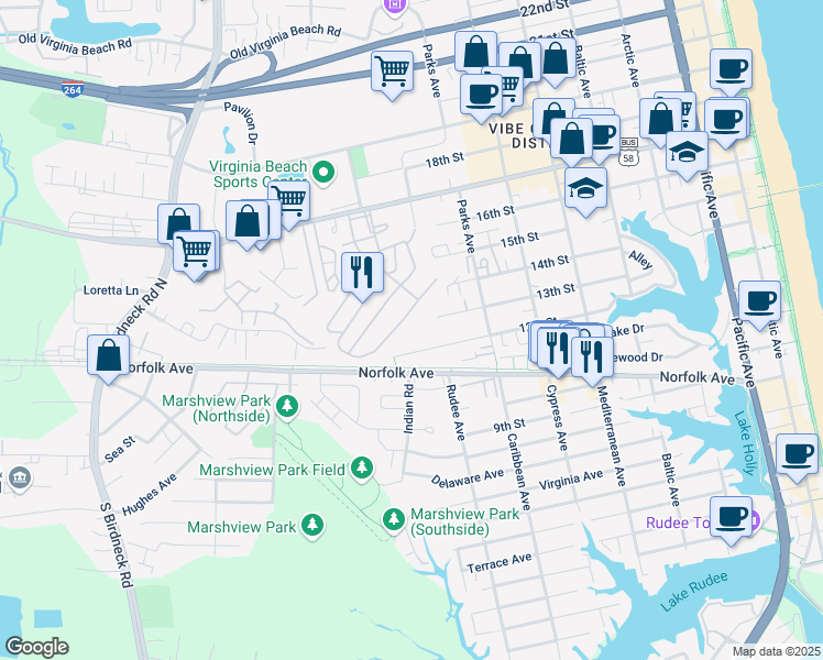 map of restaurants, bars, coffee shops, grocery stores, and more near in Virginia Beach