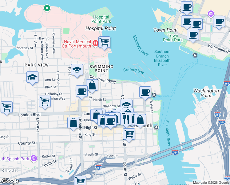 map of restaurants, bars, coffee shops, grocery stores, and more near 424 North Street in Portsmouth