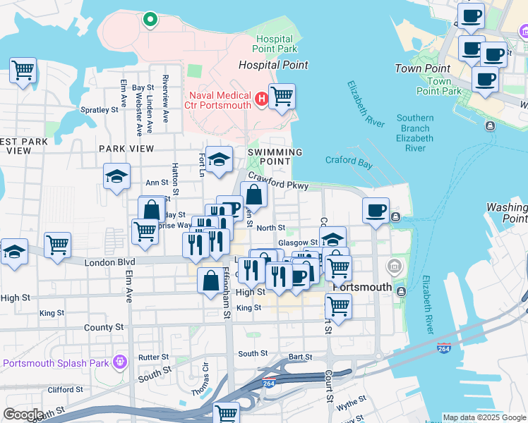 map of restaurants, bars, coffee shops, grocery stores, and more near 640 North Street in Portsmouth