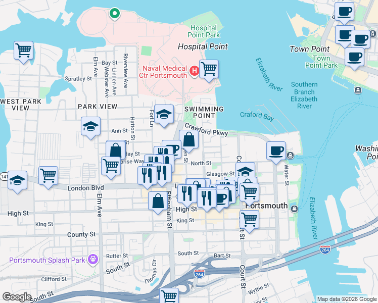 map of restaurants, bars, coffee shops, grocery stores, and more near 640 North Street in Portsmouth