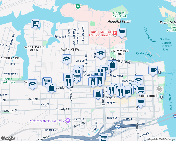 map of restaurants, bars, coffee shops, grocery stores, and more near 319 Hatton Street in Portsmouth