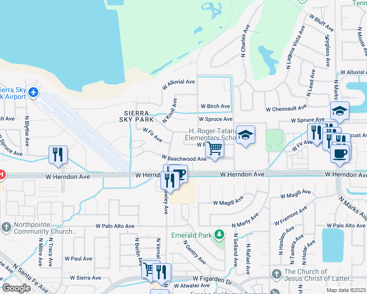 map of restaurants, bars, coffee shops, grocery stores, and more near 3729 West Fir Avenue in Fresno