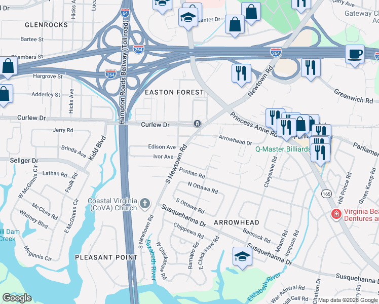 map of restaurants, bars, coffee shops, grocery stores, and more near 5816 Newtown Arch in Virginia Beach