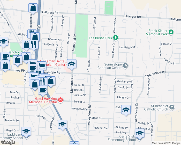map of restaurants, bars, coffee shops, grocery stores, and more near 1510 Valley View Road in Hollister